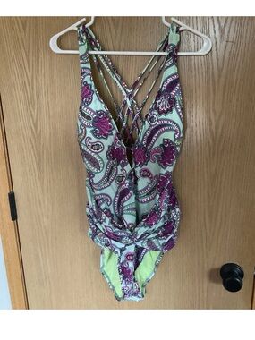 NWT $92 ATHENA SWIM print Swimsuit one piece twist plunge California Made sz 16